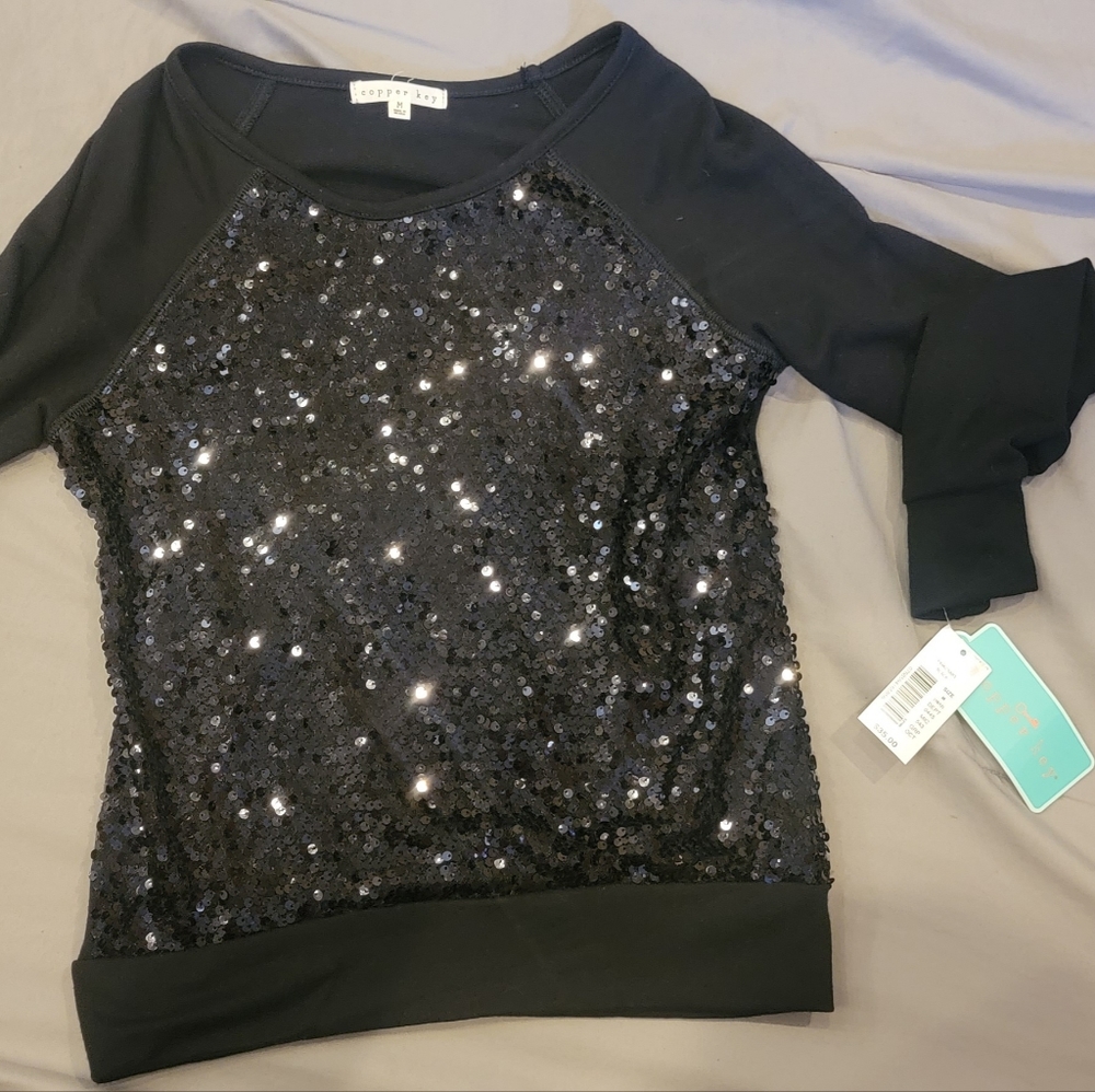 NWT Girls Copper Key black sequins Long Sleeve Top Size Medium